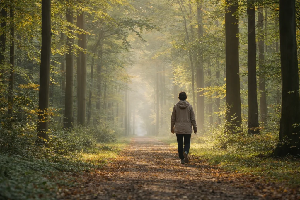 Personne marchant lentement sur un chemin en forêt, symbolisant l’apaisement progressif des douleurs physiques grâce à une approche énergétique.