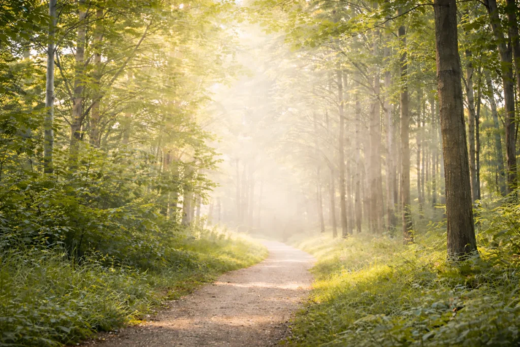 Bannière forêt lumineuse symbolisant un espace de clarté et de sérénité pour présenter les formats de séances et tarifs d’un accompagnement énergétique.