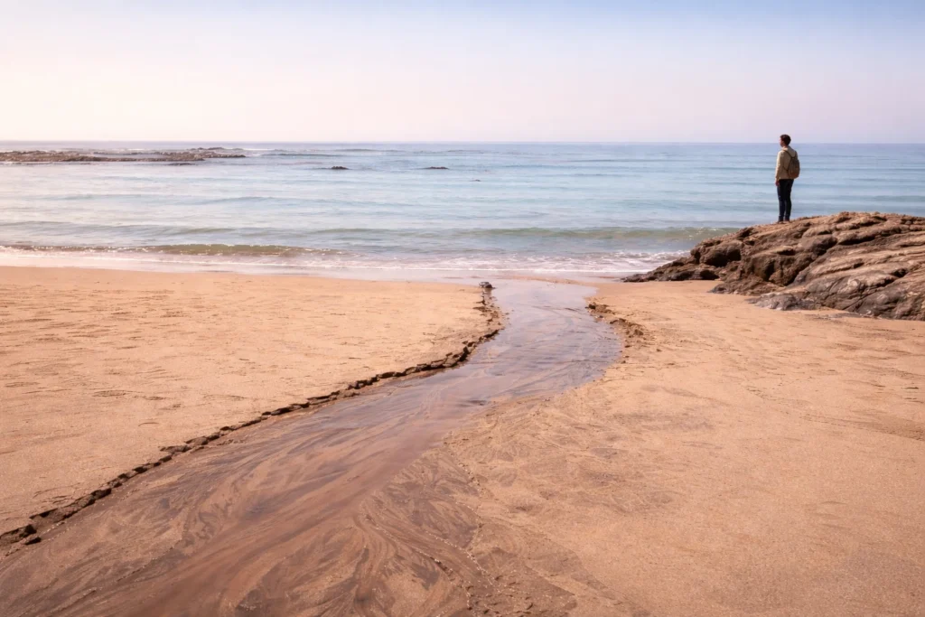 Illustration de la libération émotionnelle progressive, avec un paysage côtier apaisant et une silhouette en contemplation, accompagnement énergétique