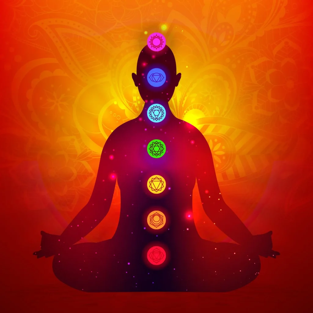 Illustration des chakras reprĂ©sentant la circulation et lâĂ©quilibre de lâĂ©nergie dans le corps