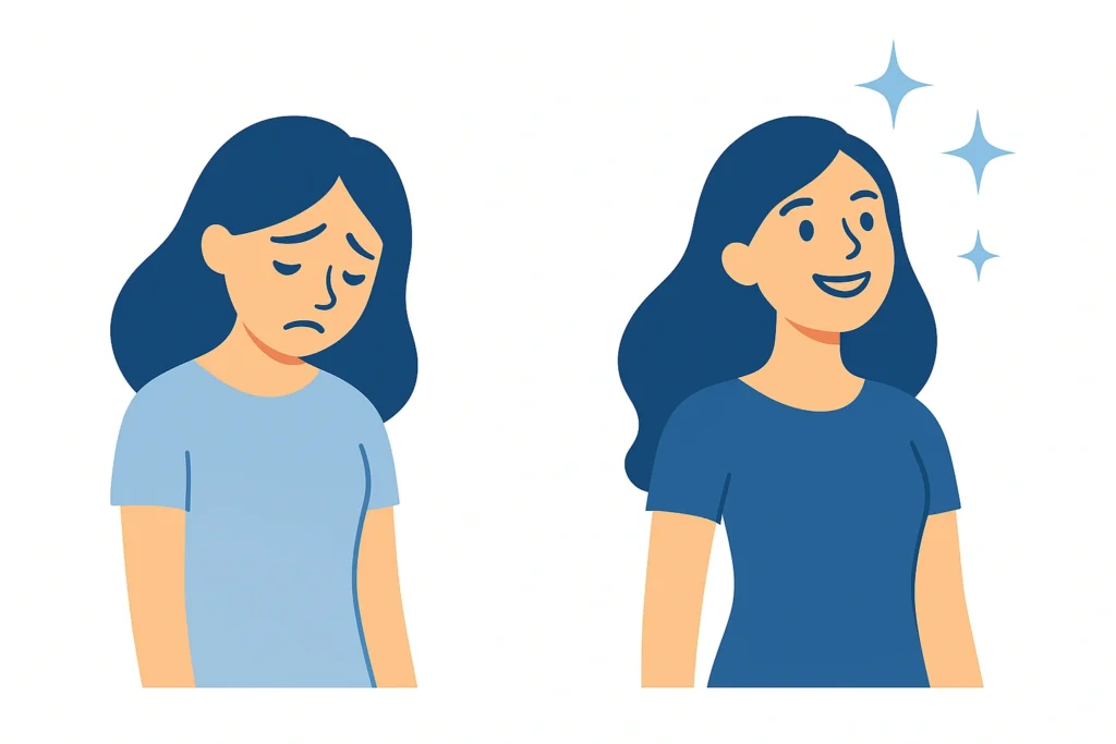 Illustration montrant l’évolution d’un état de fatigue intérieure vers plus d’équilibre grâce à l’estime de soi, la confiance en soi et l’affirmation de soi.