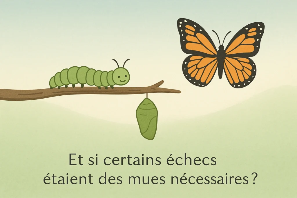 Illustration de la transformation d'une chenille en papillon, symbolisant le processus de changement de regard sur l'échec et de croissance personnelle avec l'accompagnement en thérapie énergétique.