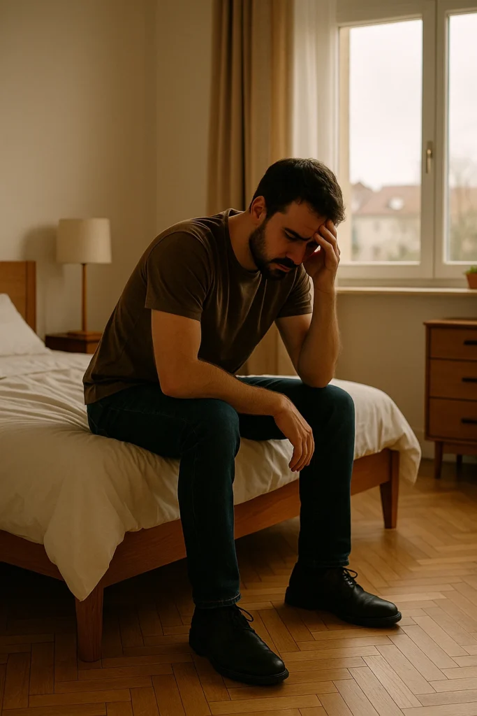 Illustration d’une fatigue émotionnelle et de blocages intérieurs qui deviennent trop lourds à porter, accompagnés en thérapie énergétique près de Rennes.
