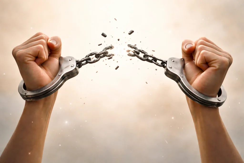Illustration symbolique de menottes ouvertes évoquant une libération émotionnelle progressive.