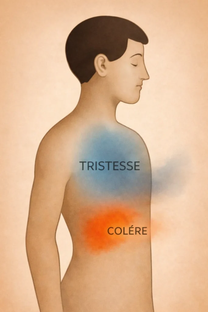 Illustration évoquant comment les émotions, comme la tristesse et la colère, peuvent s’exprimer dans le corps