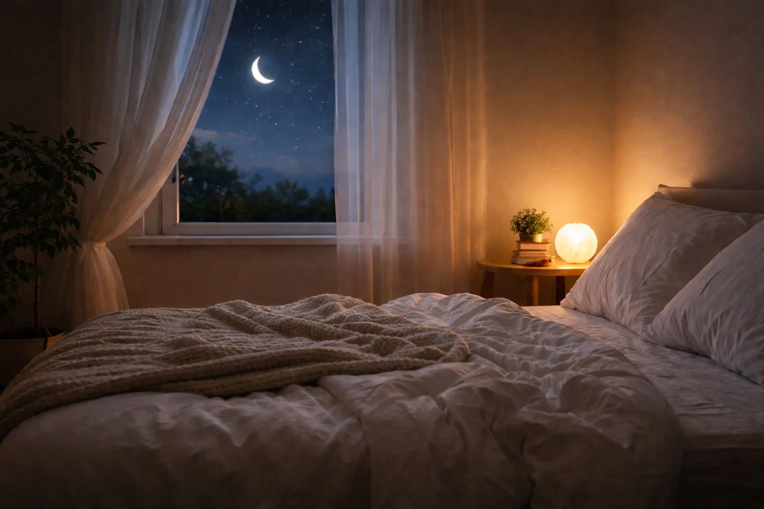 Illustration représentant une ambiance apaisante favorisant un sommeil réparateur et l’apaisement du système nerveux.