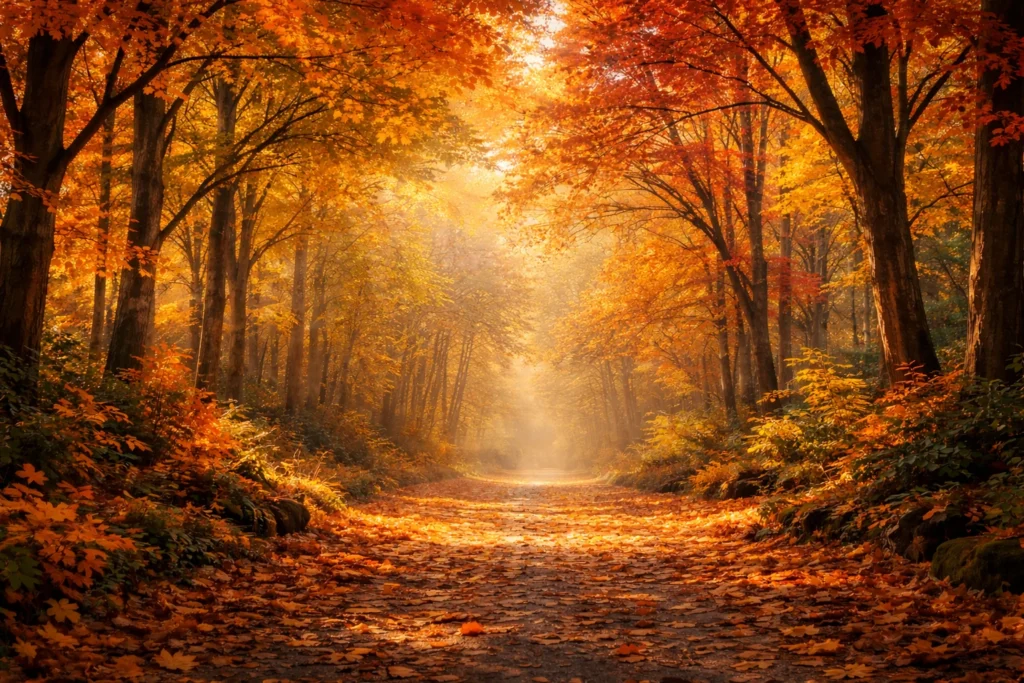 Chemin en forêt aux couleurs chaudes, symbolisant un accompagnement énergétique progressif et respectueux.