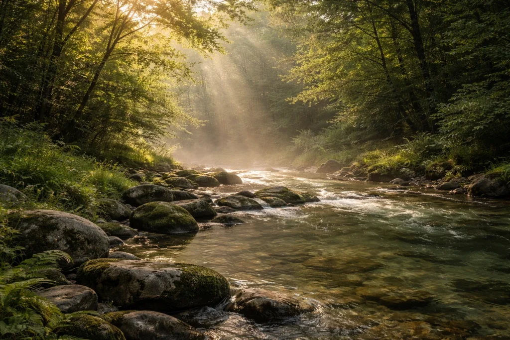 Rivière paisible symbolisant un apaisement progressif et la libération émotionnelle grâce à un accompagnement énergétique près de Rennes.